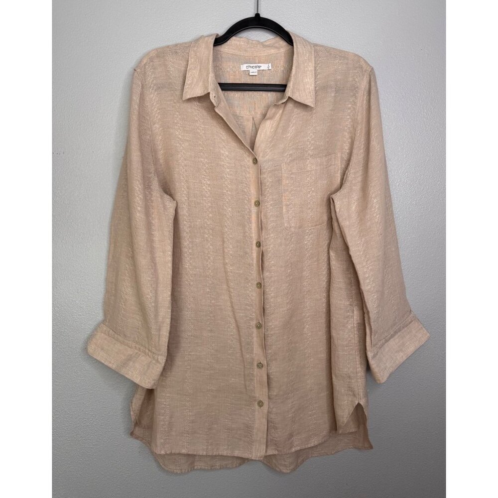 Chico's 100% Linen 3/4 Sleeve Button Down Blouse Tan SZ 3/US16-18